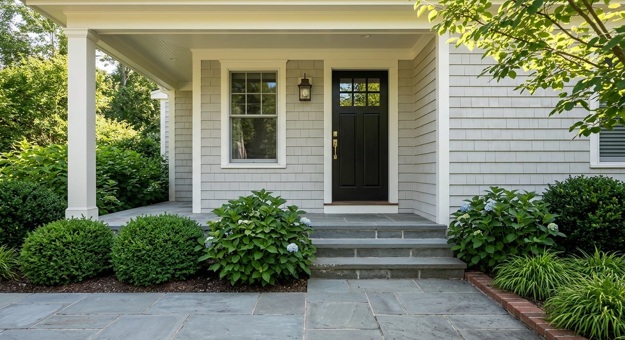 Bluestone entry beside a black door.