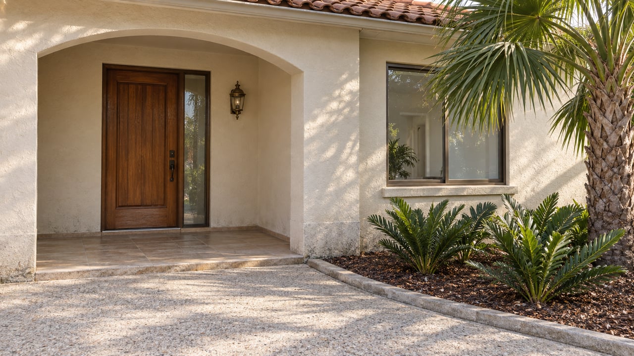 Ivory stucco home with an arched porch, wood front door, bronze-framed window and a palm beside a shell-aggregate approach.