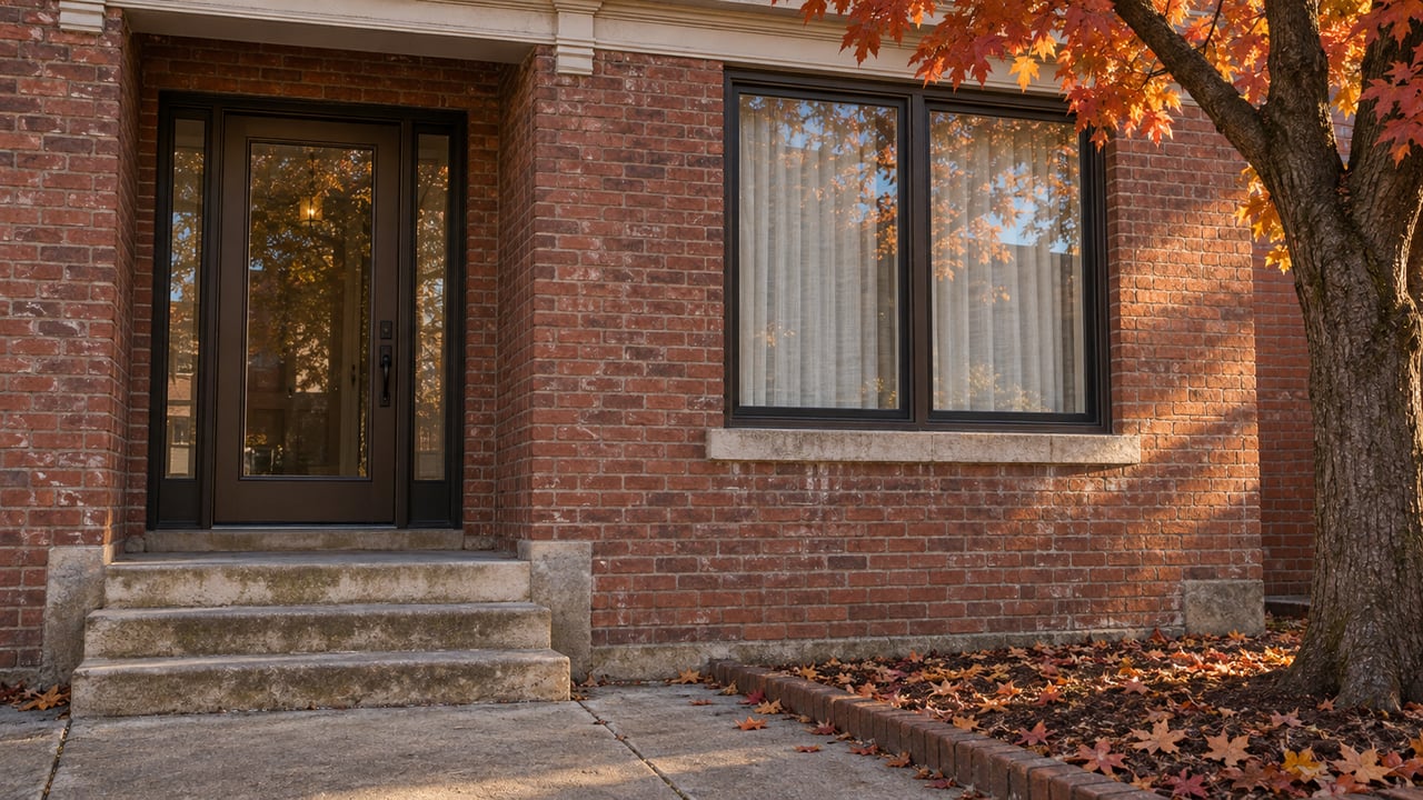 Warm autumn light across a red-brick home entrance with limestone steps, bronze-framed glazing, and orange maple leaves.