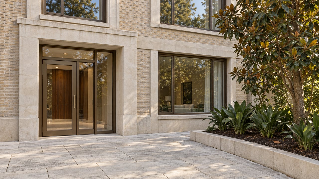 Buff-brick condominium entrance with limestone surrounds, bronze-framed glazing and a magnolia beside a paved forecourt.