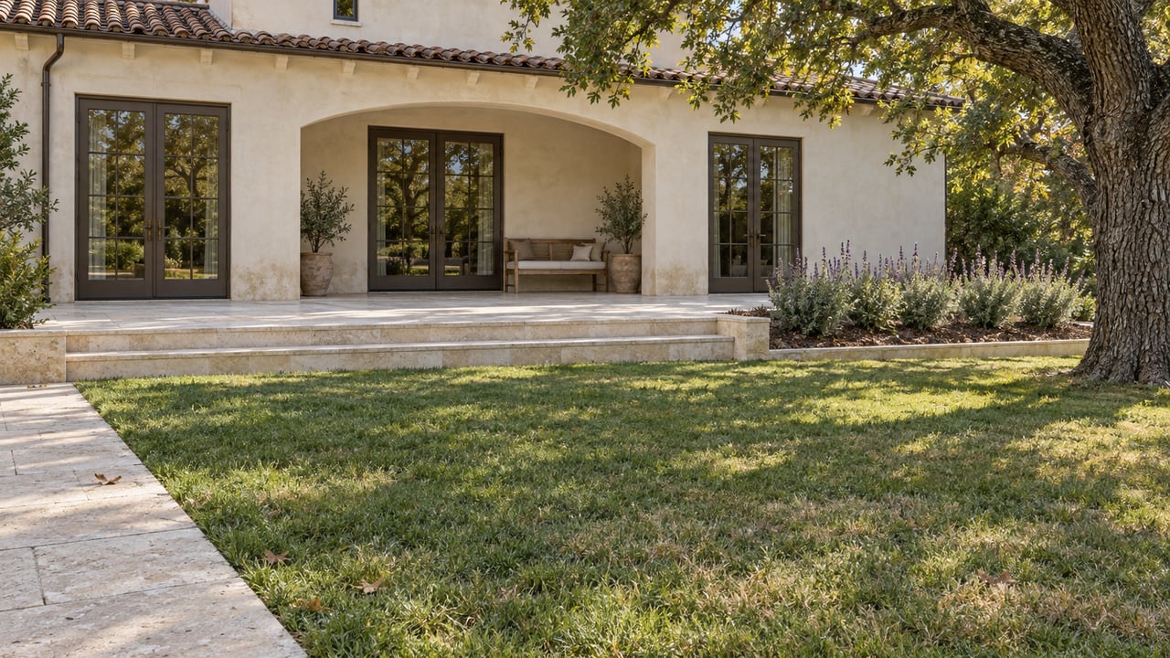 An ivory stucco home with a clay tile roof and closed bronze-framed doors overlooks a broad lawn, limestone terrace, and mature oak.
