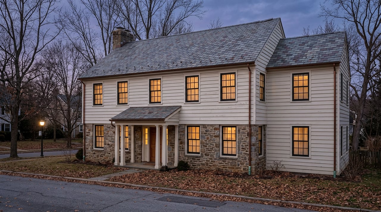 Two-story stone-and-clapboard colonial with warm glowing windows, a covered portico, and a brick walkway.