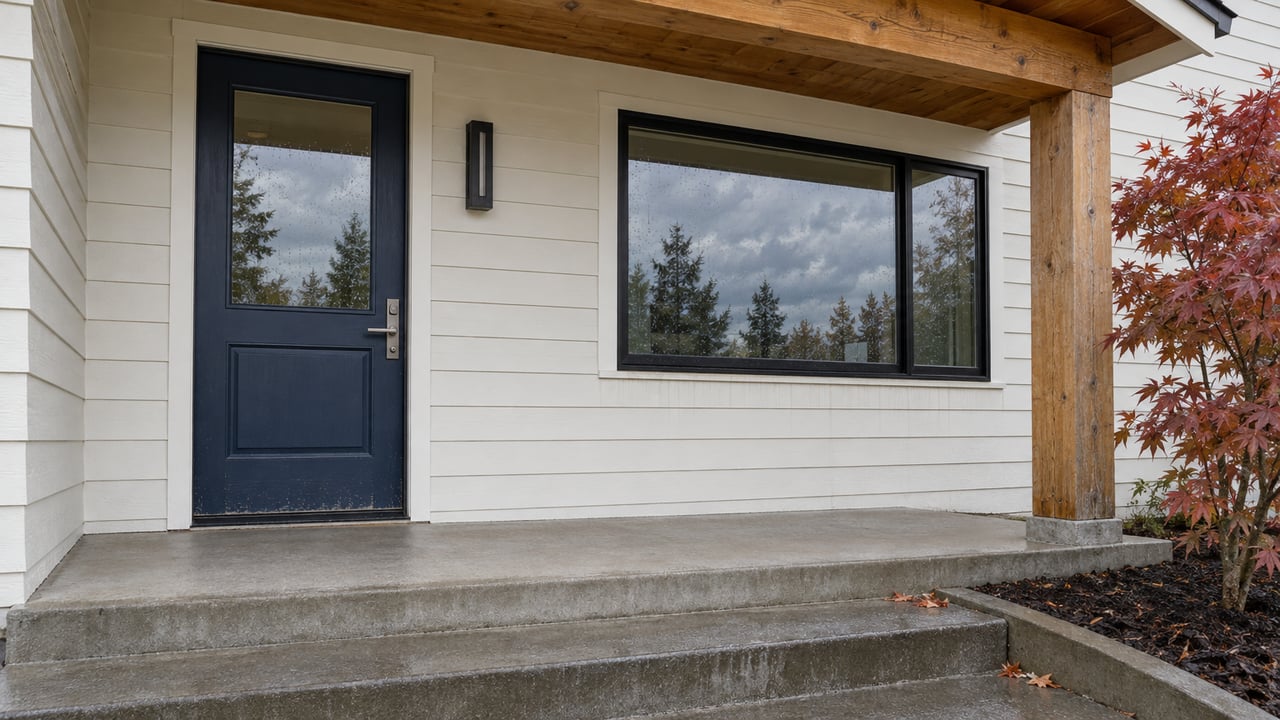 Covered porch with an off-white sided facade, navy entry door, timber support and red maple leaves beside damp concrete steps.