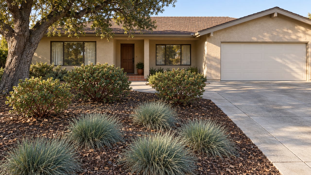 Sand-colored single-story home with a recessed entry, attached garage and a mature oak shading a water-wise front garden.