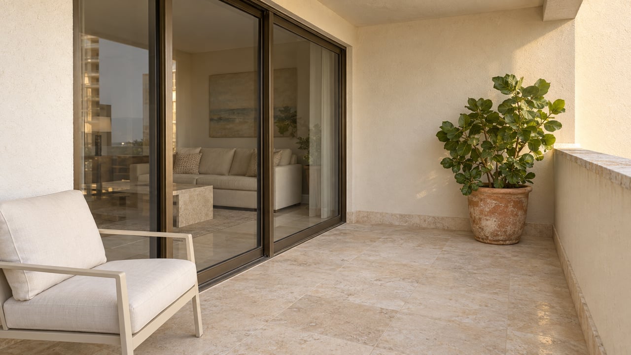 Covered cream-stucco condominium balcony with weathered travertine, closed bronze-framed glass doors, a cream lounge chair and one potted sea grape.