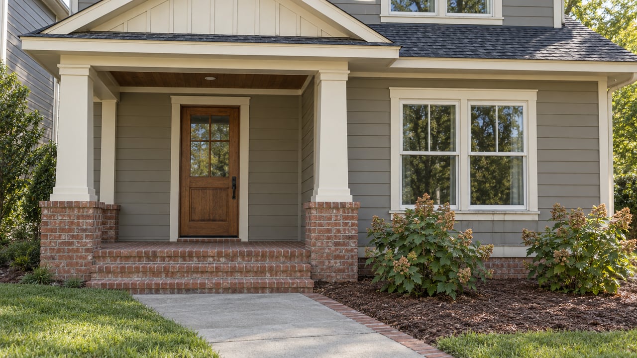 Covered entry of a gray-sided house with cream trim, brick steps, an oak front door and oakleaf hydrangeas.
