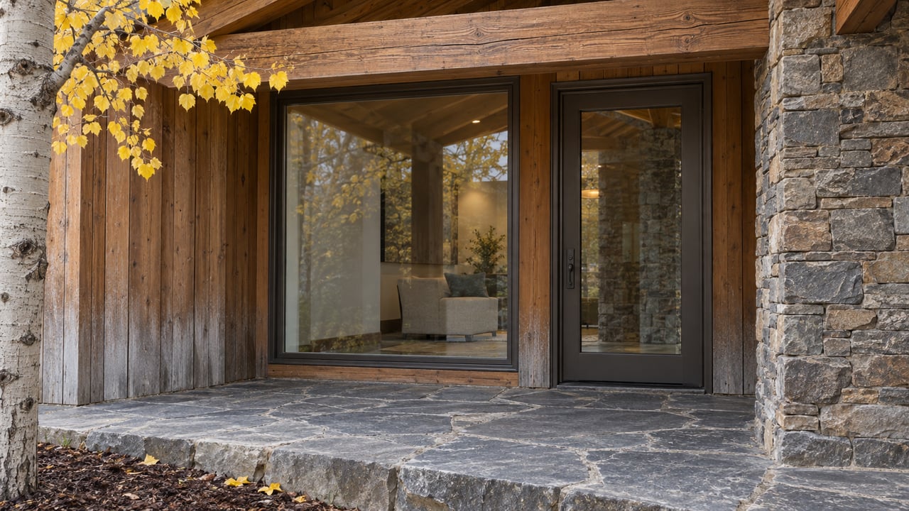 Timber and stacked-stone home entry with closed bronze-framed glazing, weathered flagstone paving, and yellow aspen leaves.