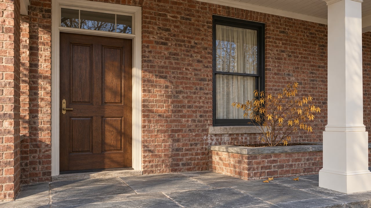 Sunlight across a brick home's oak front door, bluestone porch and raised planter holding a small witch-hazel.