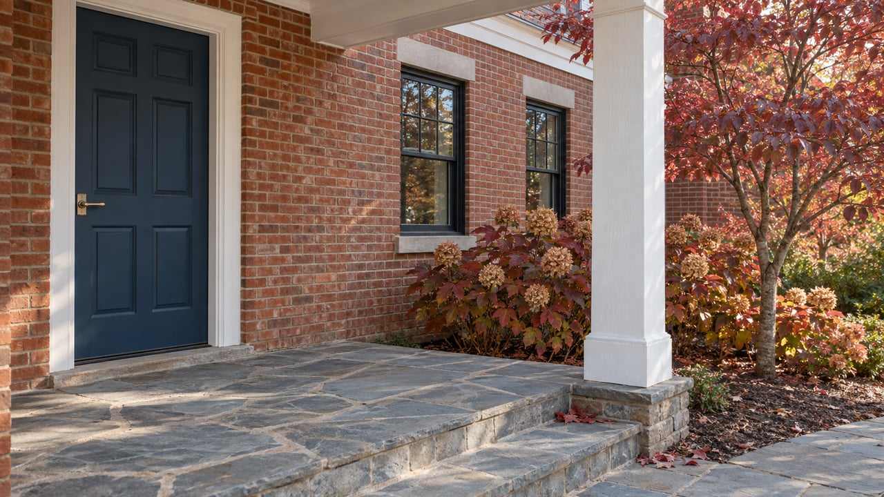 Brick home entry with a dark blue paneled door, white porch column, weathered flagstone steps, and autumn dogwood foliage.