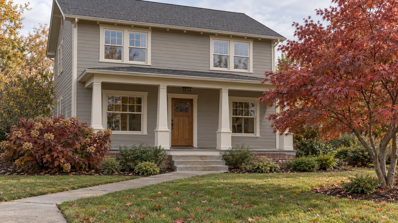 A gray lap-sided home with a covered porch, brick foundation and autumn maple behind a deep front lawn.