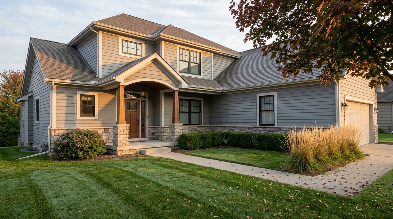 Two-story gray-sided home with stone veneer, gabled roof, covered porch, and red-gold maple canopy.
