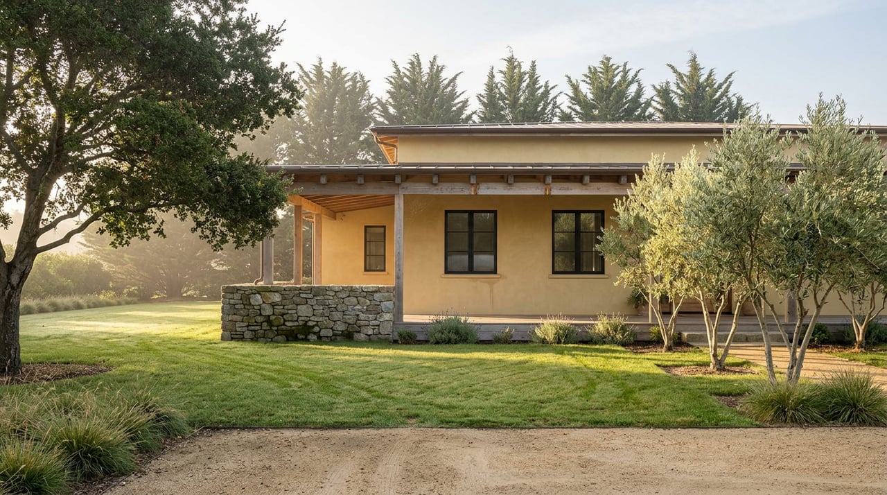 Single-story ochre stucco residence with a covered porch, deep lawn, fieldstone wall, and cypress windbreak.