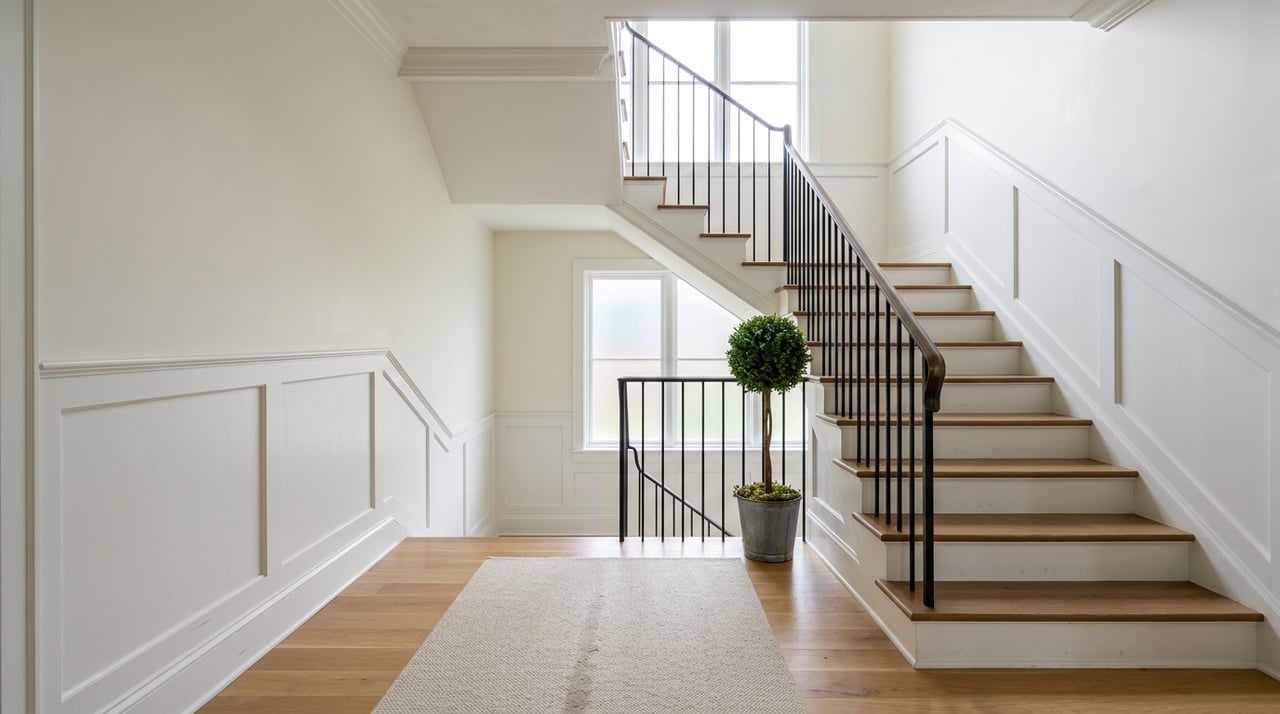 Entry staircase with white risers, walnut treads, black iron balusters, and a frosted landing window.