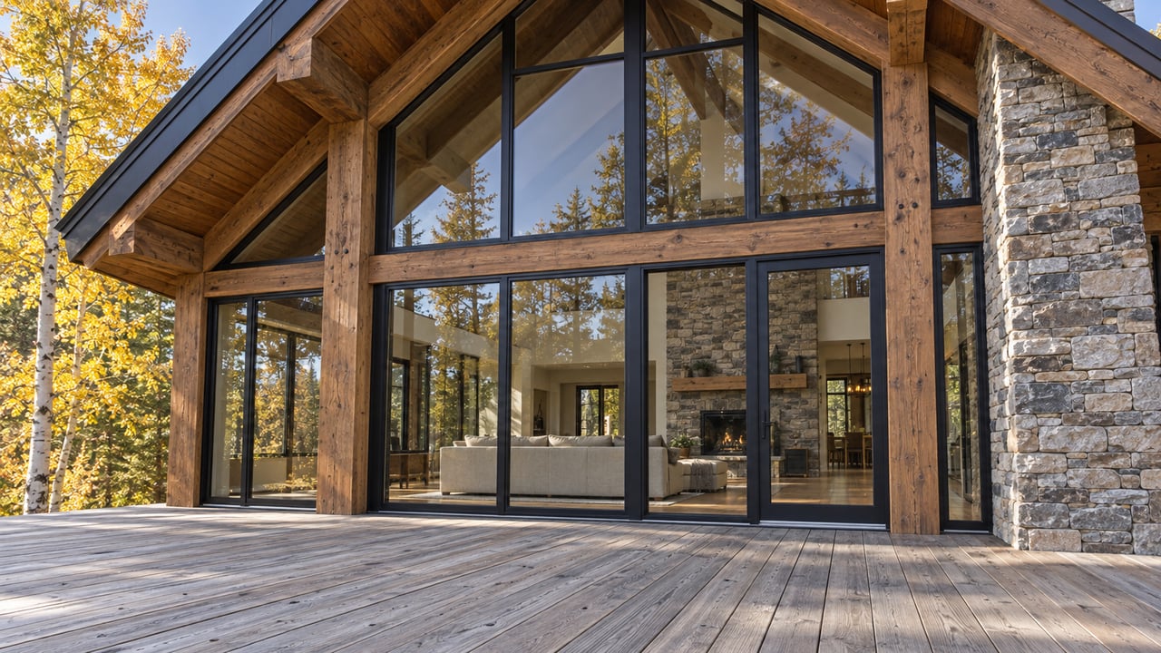 Modern timber-and-stone home with a broad deck, floor-to-ceiling windows, and autumn trees reflected in the glass.