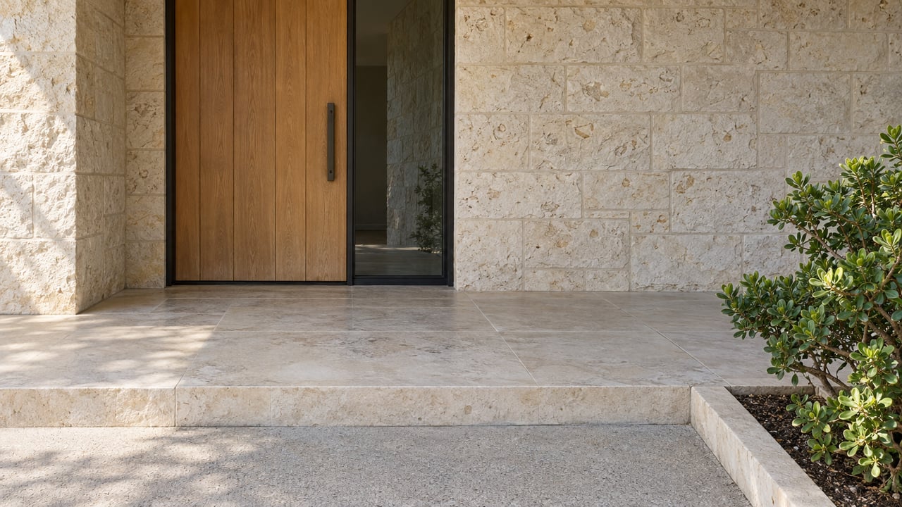 Closed oak entry door and dark-framed sidelight above a limestone landing, with a sculptural evergreen at the edge of the approach.