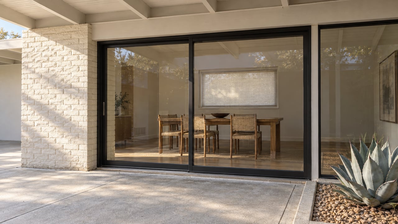 Cream brick and dark framed dining-room glazing open visually onto a shaded concrete patio beside a sculptural blue-gray agave.