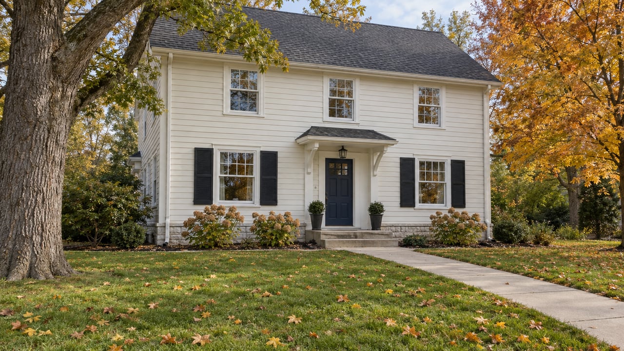 Ivory clapboard home with black shutters and a deep autumn lawn beneath mature oak and amber maple branches.