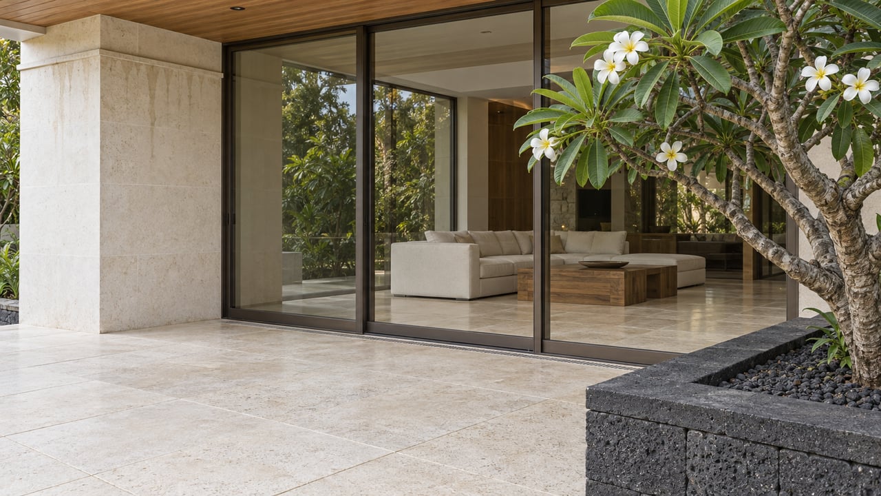 Covered residential terrace with pale limestone paving, bronze-framed glass doors, warm wood soffit and a raised basalt bed holding a flowering plumeria.