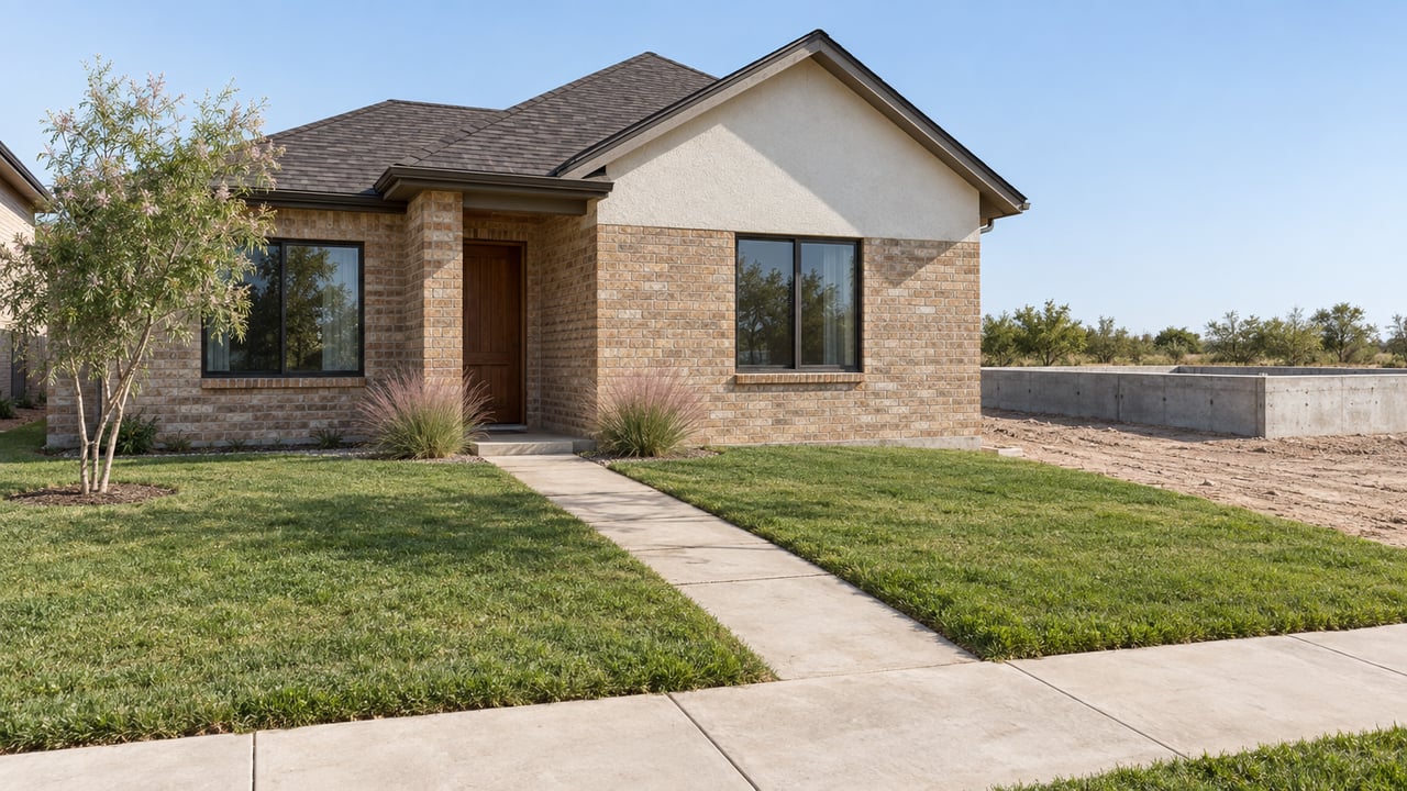 Buff brick suburban house beside a bare lot with a low unfinished concrete foundation.