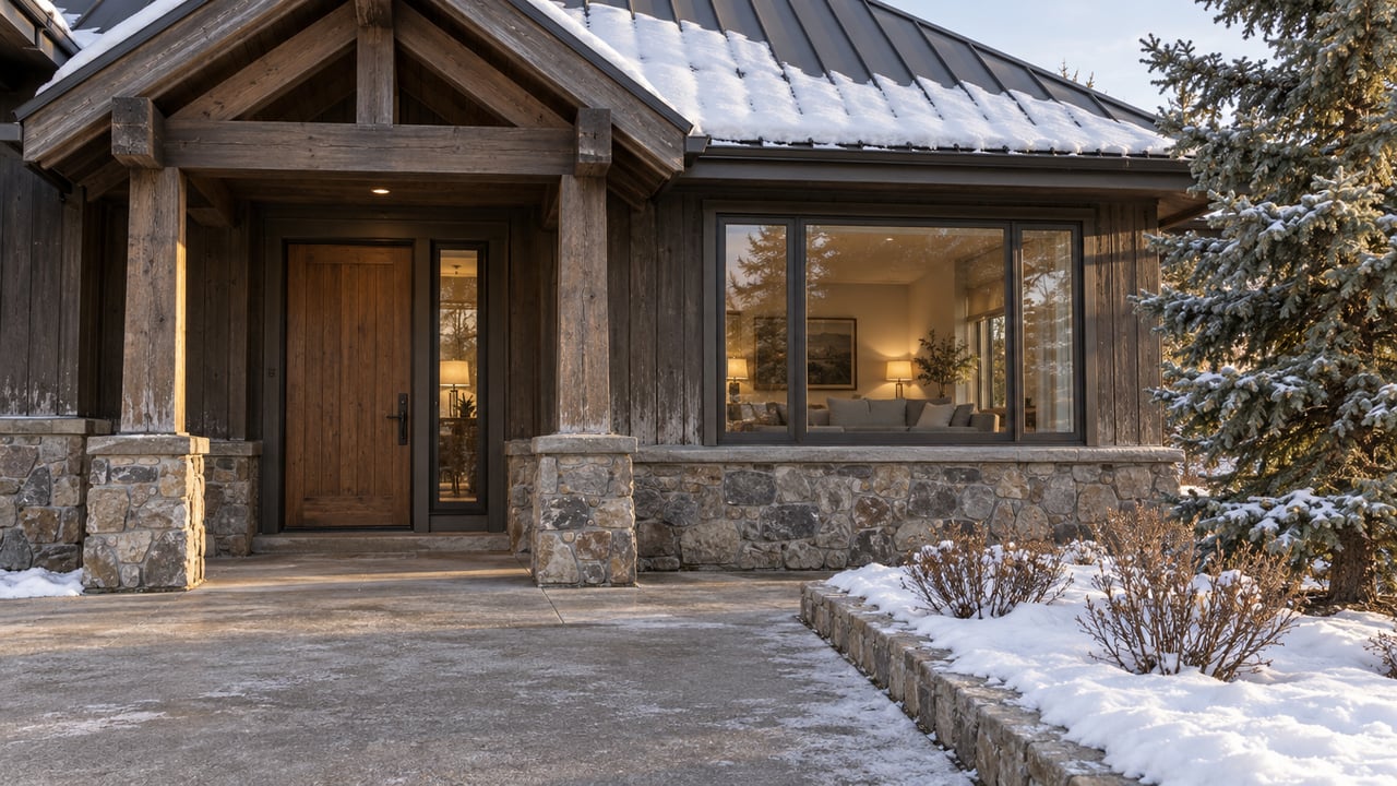 Timber-and-stone residence with a steep metal roof, enclosed entry, and snow beside a clear concrete approach.
