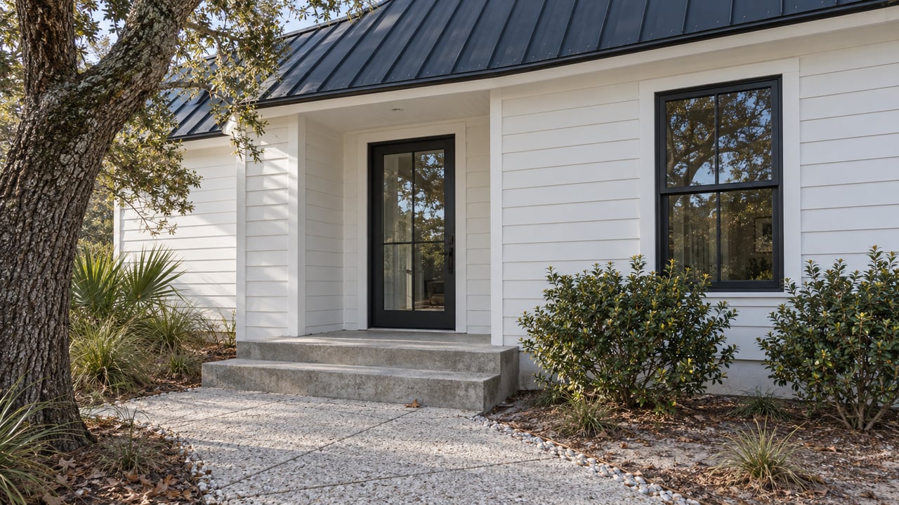 White clapboard house with a dark glazed entry, concrete steps, shell pavers, and live oaks.