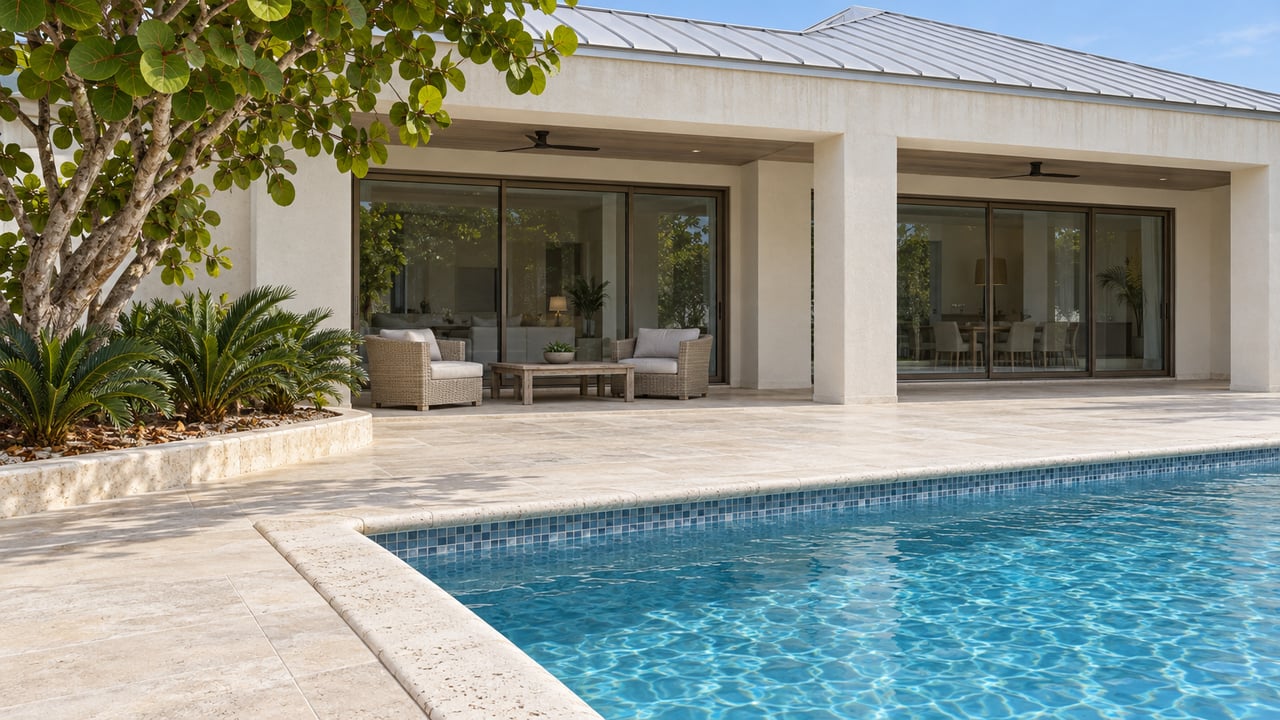 Light stucco home with a low metal roof, glazed covered terrace, limestone pool coping, and a sculptural sea grape tree.