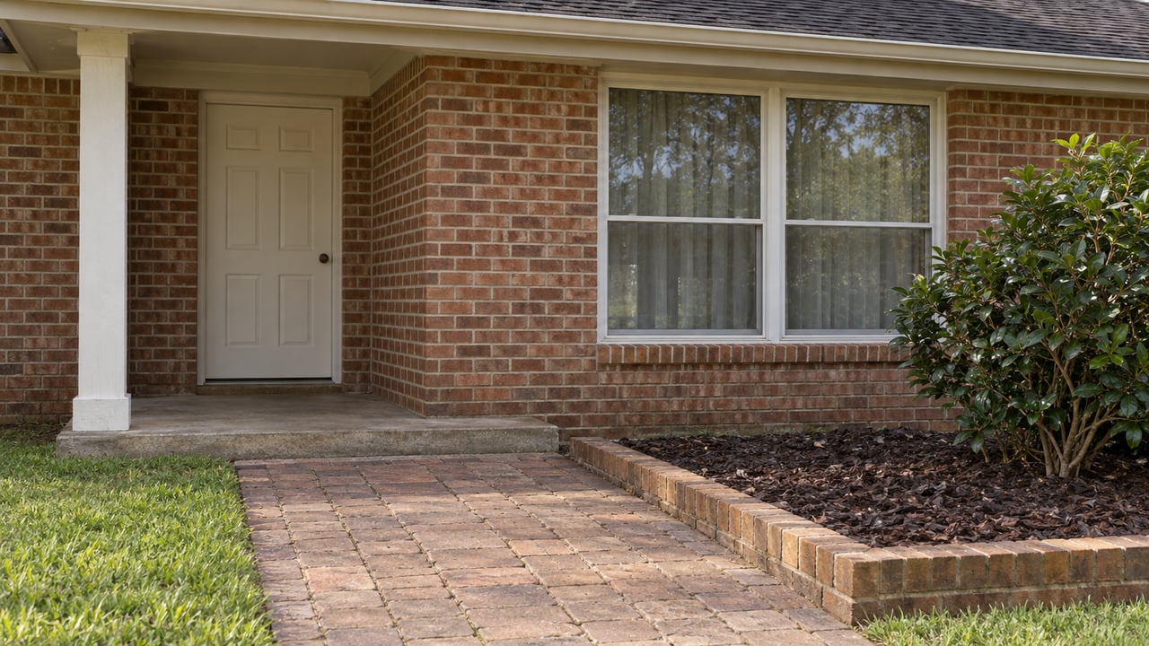 A weathered brick ranch entry with a cream door, white-framed window, clay-paver walk and glossy camellia beside a low brick planting bed.