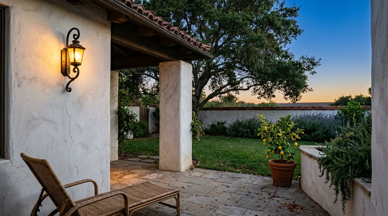 Stucco loggia at dusk, lit by an amber wall sconce, overlooking an oak-shaded lawn and garden wall.
