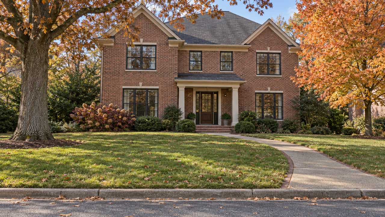 Red-brick two-story home behind a deep green lawn, with black-framed windows and mature trees carrying autumn leaves.