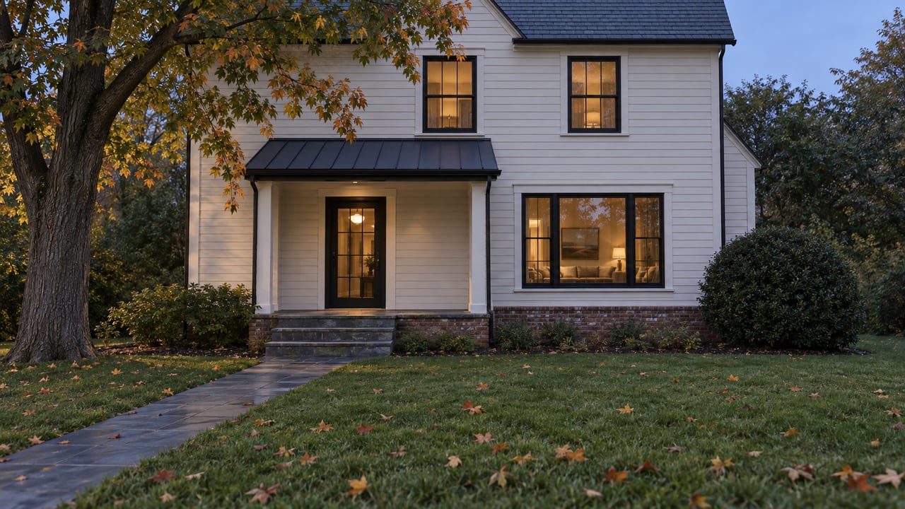 Two-story clapboard house with a dark slate gable, bluestone steps, and warm light behind a glass entry door.