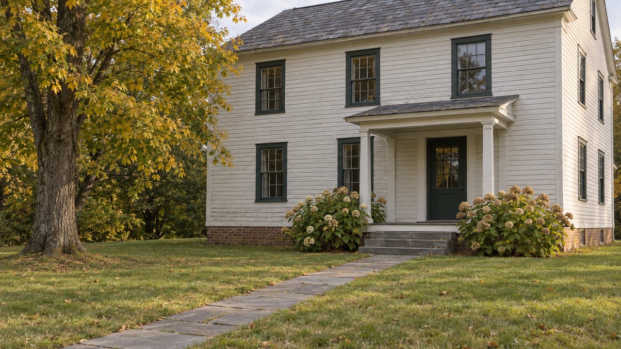 Weathered two-story white clapboard house with a slate roof, green-trimmed windows, and a bluestone walk across the lawn.