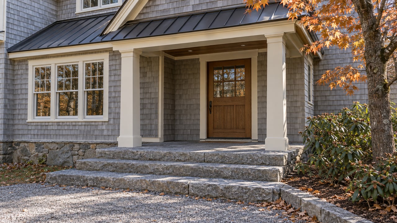 Silver-gray shingled home with a covered oak entrance, granite steps and copper-colored maple leaves.