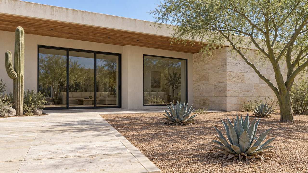 Low stucco and limestone home with cedar overhang, closed glass sliders and a spacious stone-and-granite forecourt planted with a branching desert tree, saguaro and blue-gray agaves.