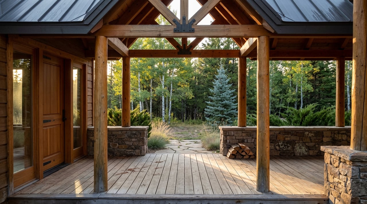 Timber-framed mountain porch with a stone knee wall opens onto a flagstone path and aspen trees.