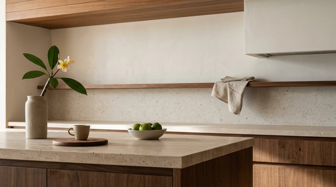 Travertine kitchen island with a plumeria branch, three limes, and an empty espresso cup.