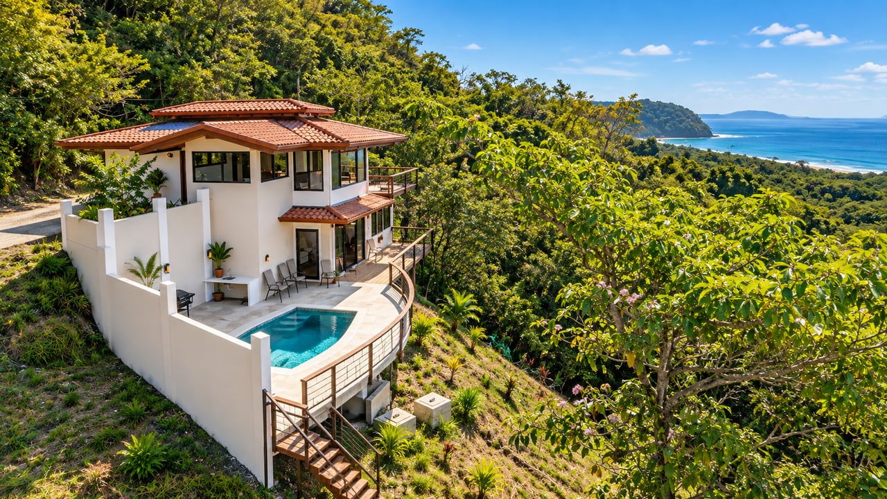 Modern hillside home with a curved pool terrace overlooking tropical forest and the ocean.