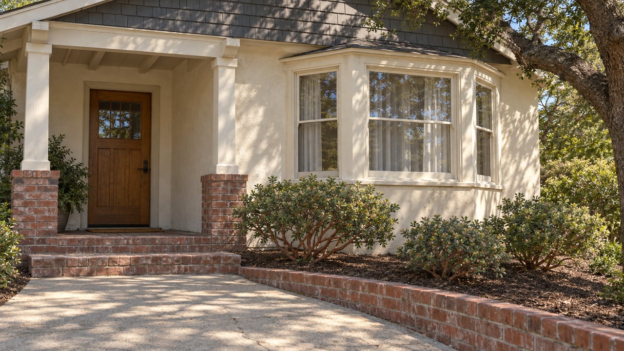 Sunlit ivory stucco home with a recessed oak entry, cream-painted bay window, worn brick steps and a mature oak beside a raised manzanita bed.