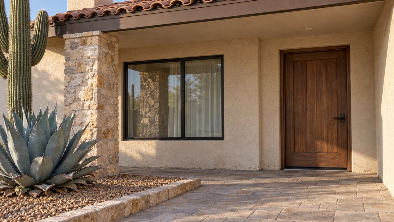 Covered home entrance with ivory stucco, a walnut door, limestone pier, worn sand-colored pavers, blue-gray agave and a cropped branching cactus.