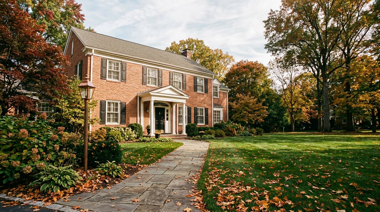 Brick Colonial home with white portico, navy door, and autumn maple beside its front walk.