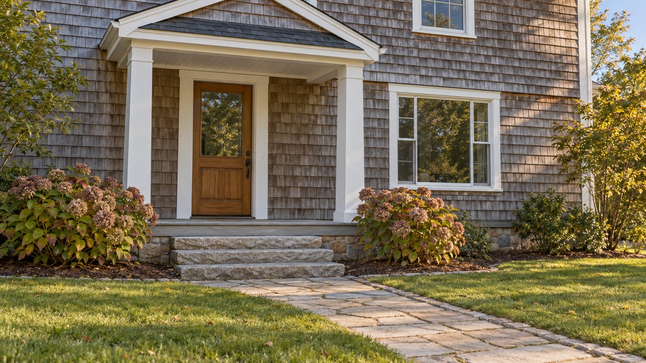 Morning light across a cedar-shingle home's covered porch, granite steps, stone approach and autumn hydrangeas.