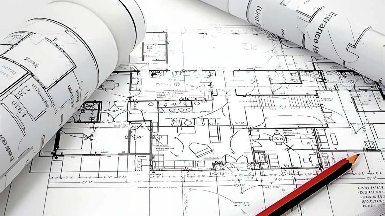 Architectural floor plans on blueprints with a red pencil resting diagonally across them.