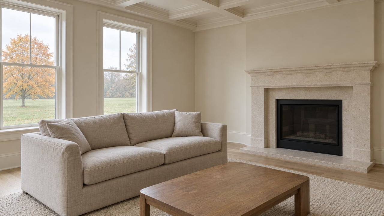 Soft daylight illuminates a cream living room with linen seating, pale oak flooring and a limestone fireplace; an autumn maple is visible through closed windows.