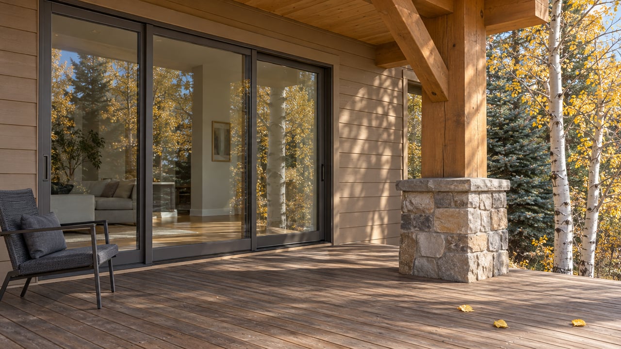Autumn sunlight on a weathered wood deck, timber supports, stone pedestal and closed sliding glass doors beside yellow aspens.