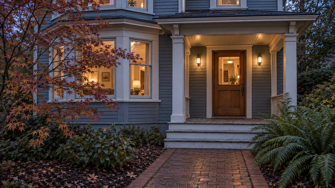 Blue-gray wood-sided home at blue hour, with illuminated bay windows, a sheltered oak entry and a brick garden approach.