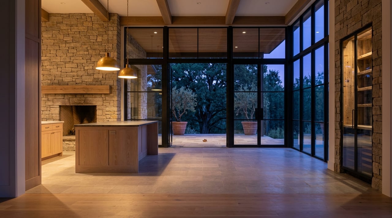 Great room with stone fireplace, oak kitchen island, glass-fronted wine niche, and glazed doors opening onto a terrace.