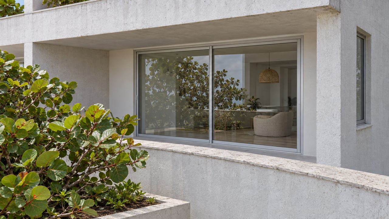 Close view of a white concrete condominium terrace with closed aluminum-framed sliding glass doors, a solid parapet, and broad sea grape leaves.