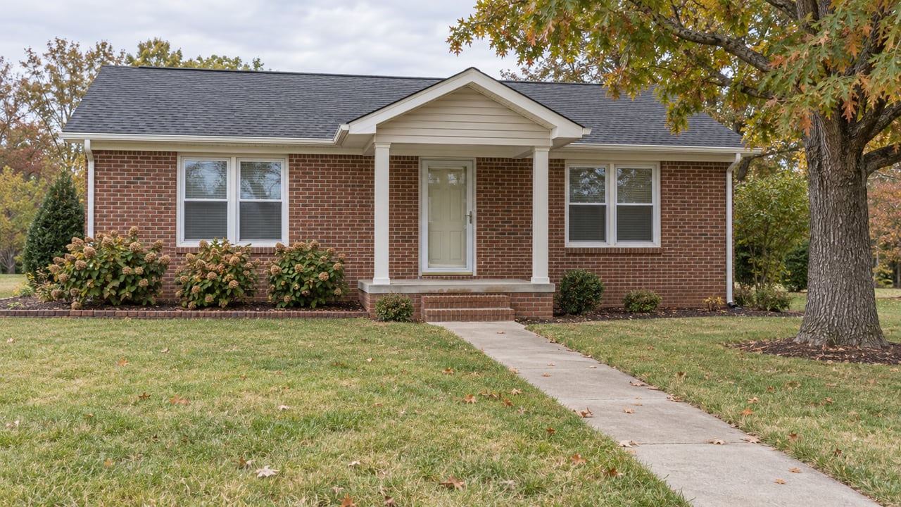 A modest red-brick single-story house with a small covered porch, concrete walk, and broad autumn lawn beneath an oak tree.