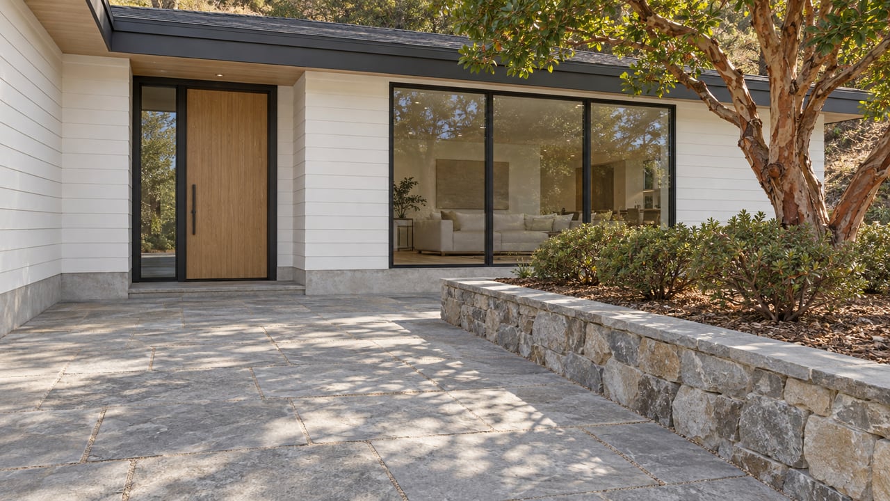 Sunlit painted-wood home with an oak entry door, broad living-room glazing, sandstone approach and a raised garden with a peeling-bark tree.
