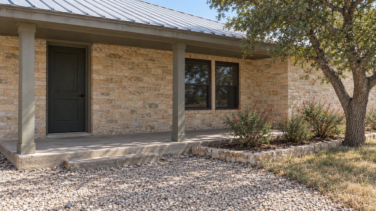 Sunlit brick ranch-house porch with a metal roof, dark entry door, paired windows, and a gravel approach edged by flowering sage and a mature oak.