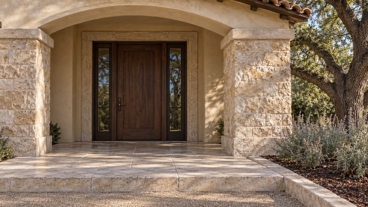 Cream stucco estate entry with limestone piers, an oak door and sunlit stone terrace beside an oak tree and silver-green sage.